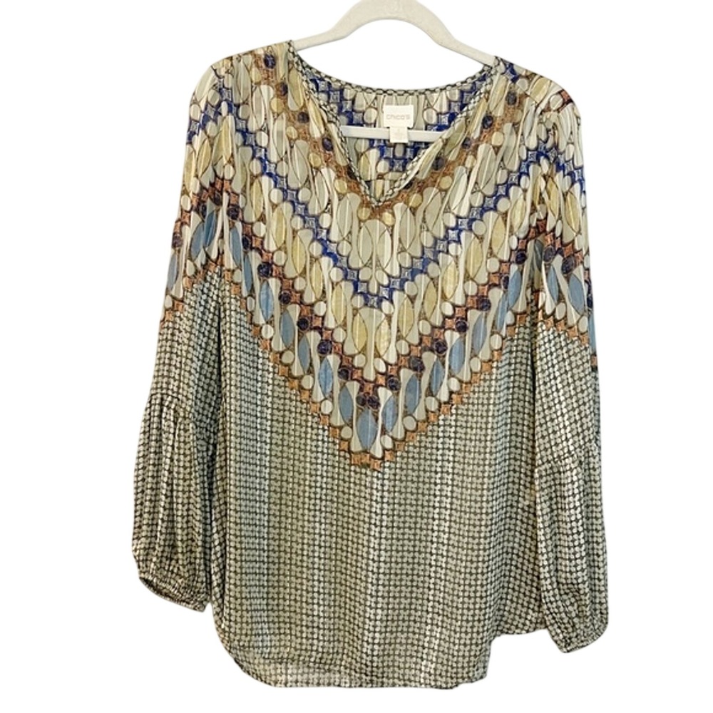 Chicos Geometric Mosaic V-Neck Balloon Sleeve Blouse Metallic Blue Gold Size 1